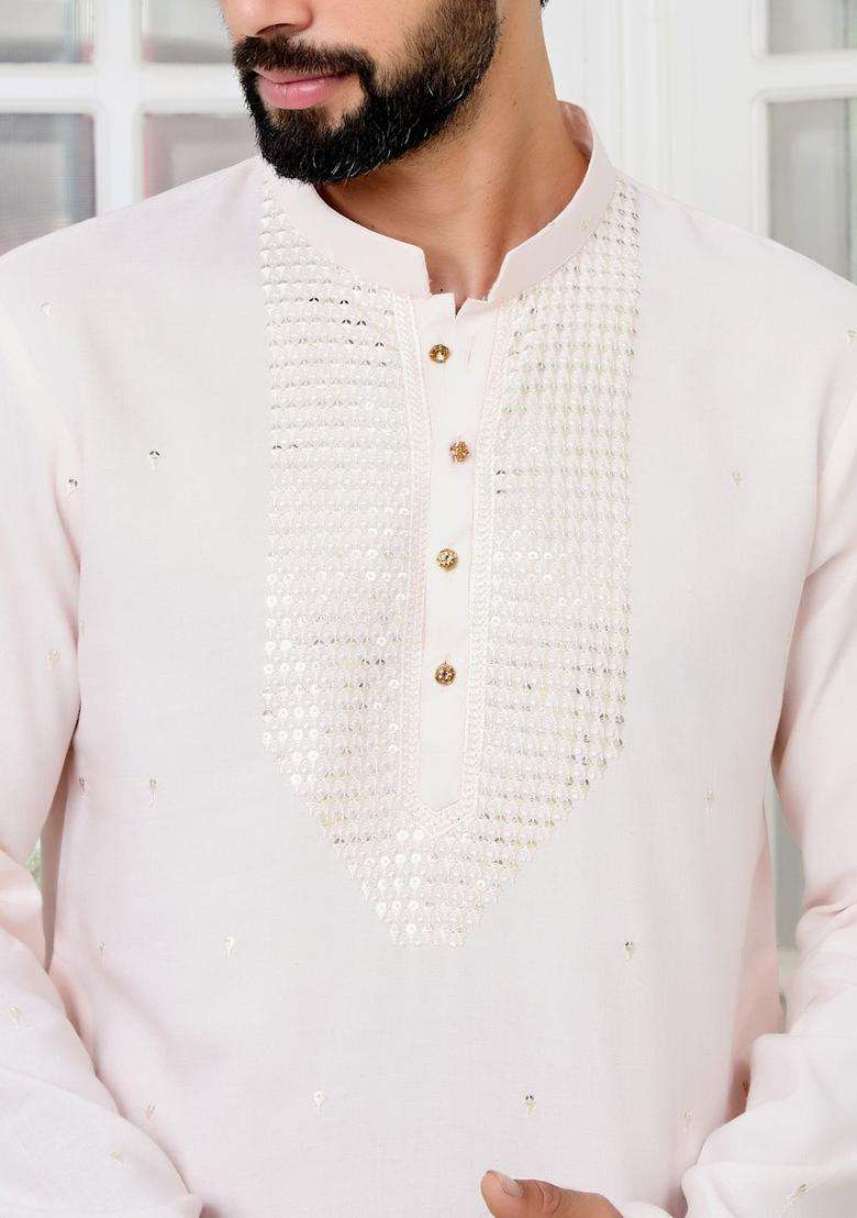 White Yoke Design Viscose Kurta Set For Men - Indya