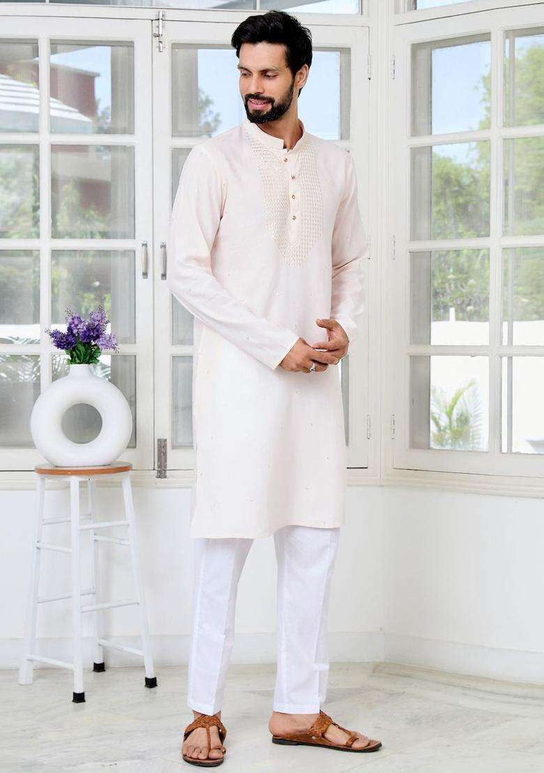 White Yoke Design Viscose Kurta Set For Men - Indya