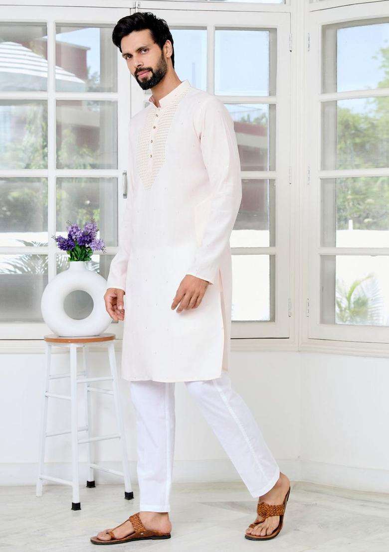 White Yoke Design Viscose Kurta Set For Men - Indya