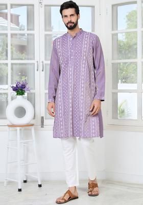Purple Embroidered Cotton Kurta Set For Men
