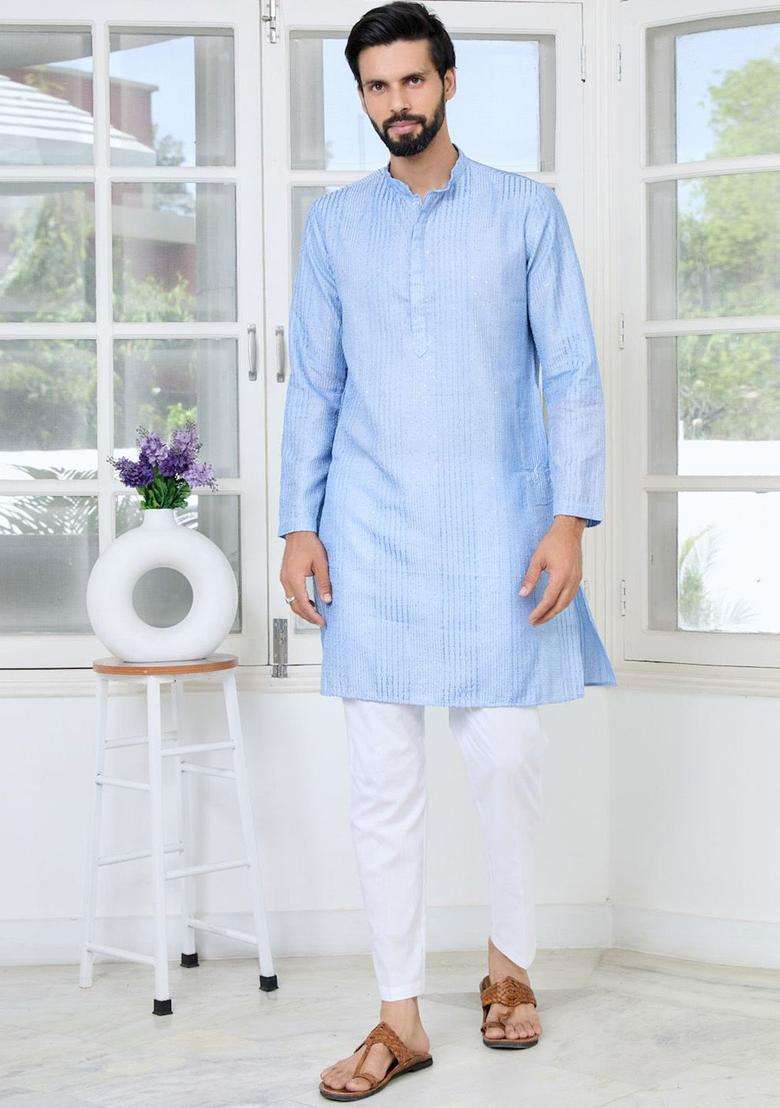 Blue Embroidered Silk Blend Kurta Set For Men - Indya