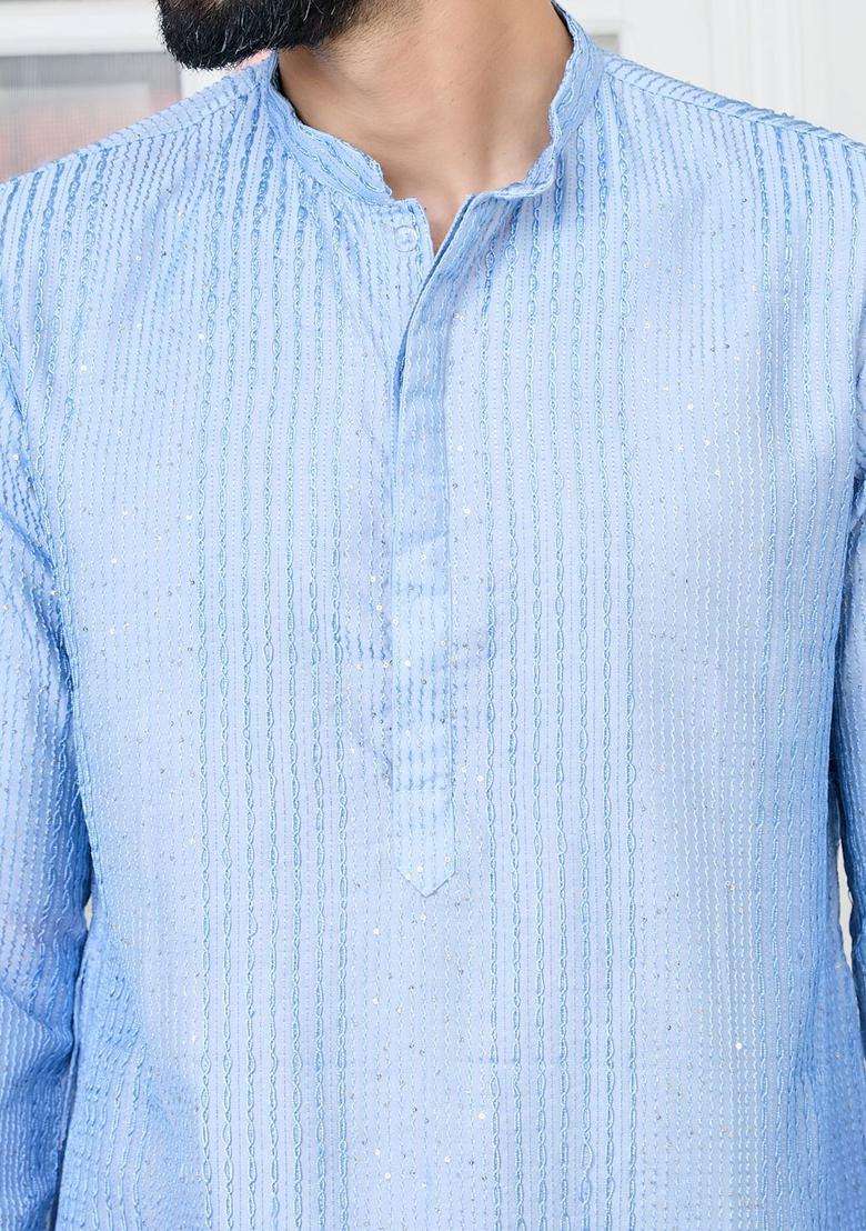 Blue Embroidered Silk Blend Kurta Set For Men - Indya