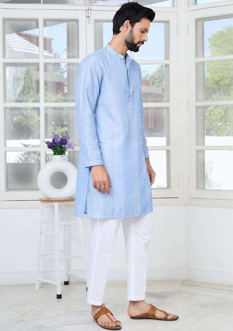 Blue Embroidered Silk Blend Kurta Set For Men - Indya