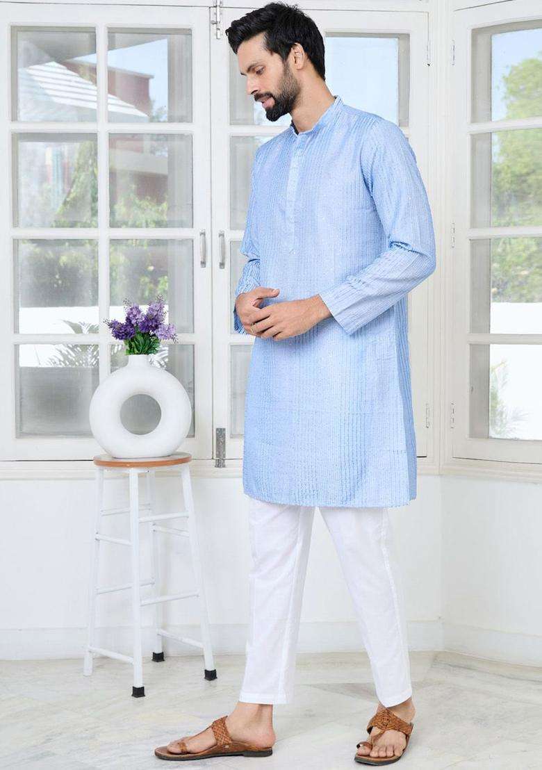 Blue Embroidered Silk Blend Kurta Set For Men - Indya