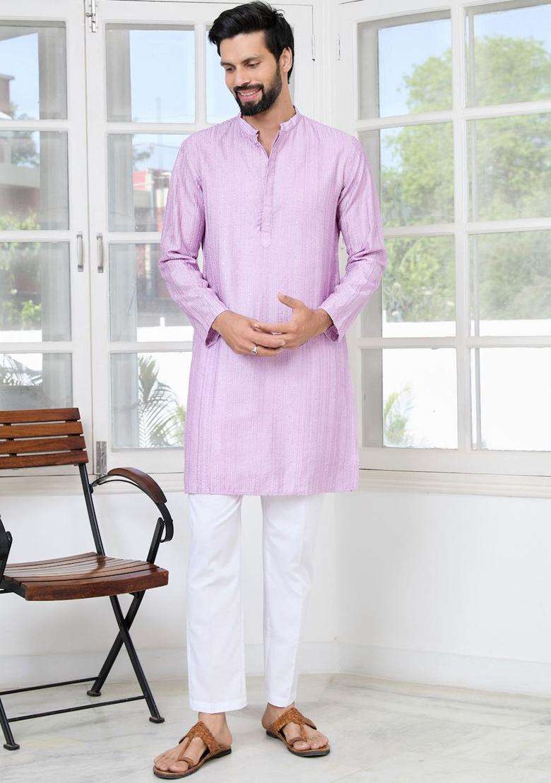 Purple Embroidered Silk Blend Kurta Set For Men - Indya