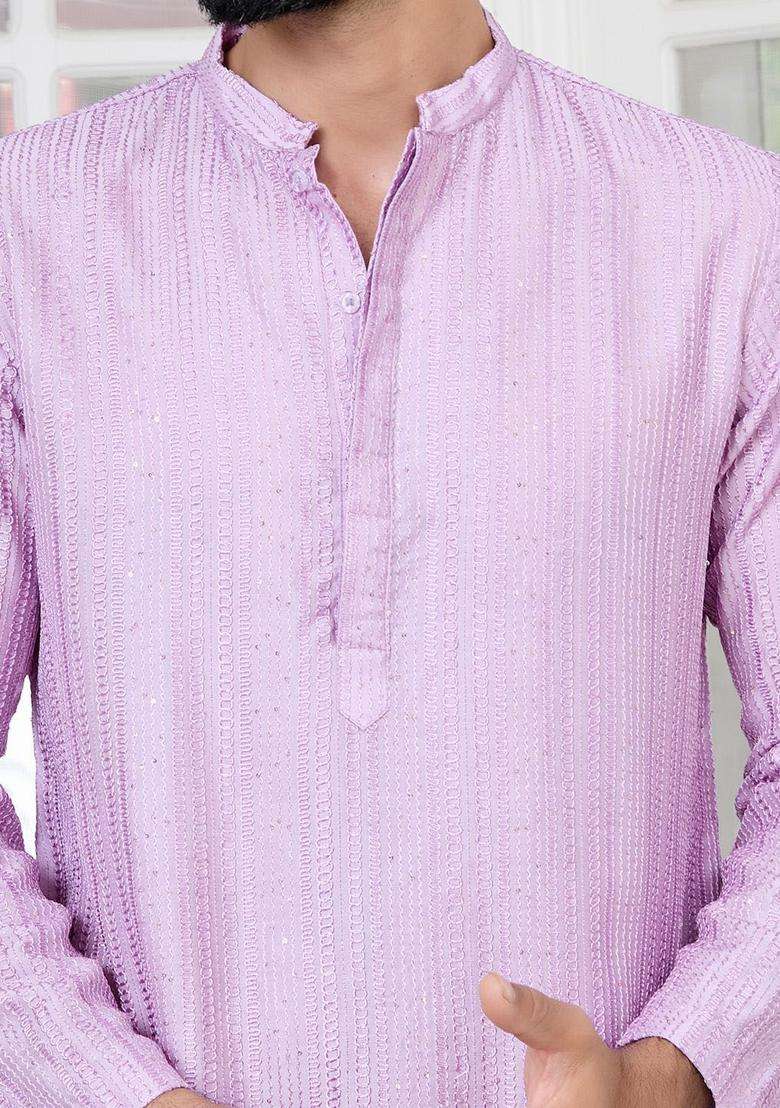 Purple Embroidered Silk Blend Kurta Set For Men - Indya