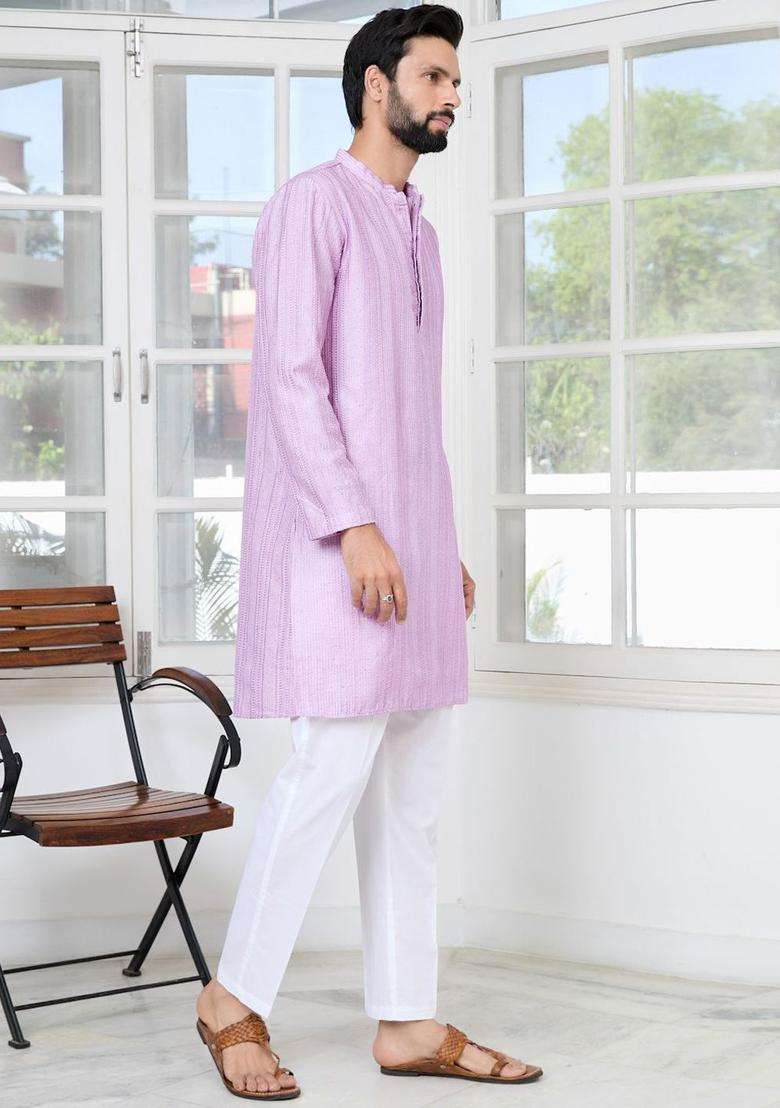 Purple Embroidered Silk Blend Kurta Set For Men - Indya