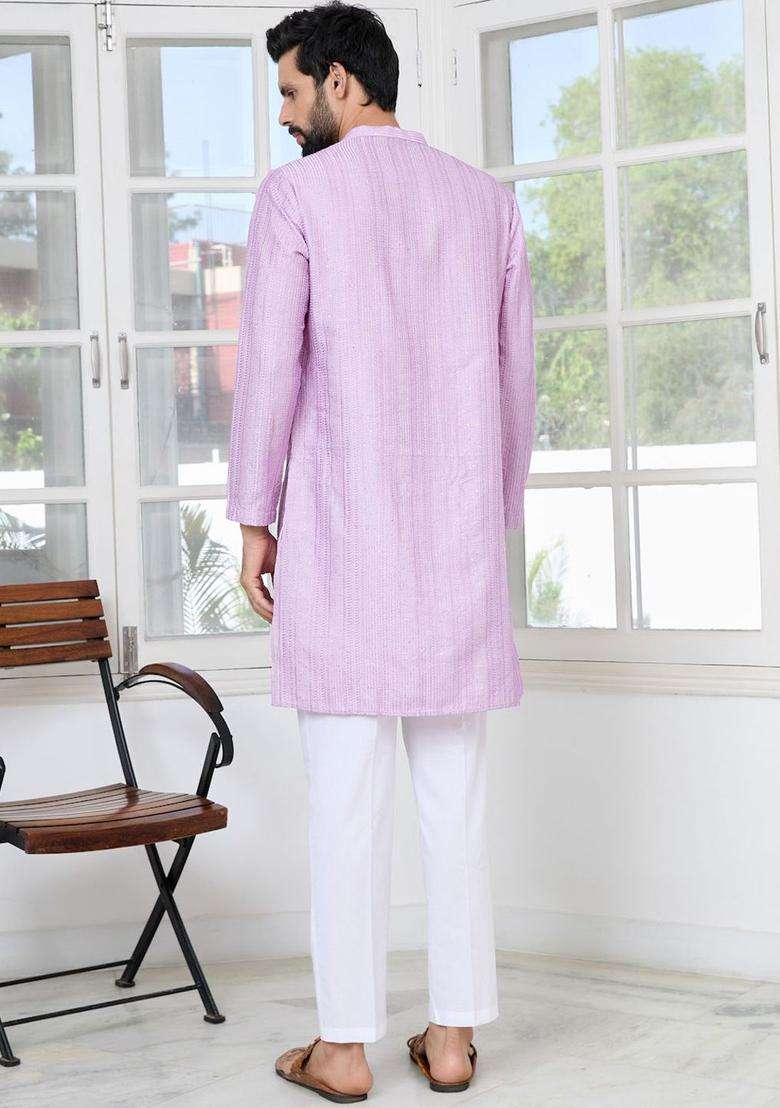 Purple Embroidered Silk Blend Kurta Set For Men - Indya