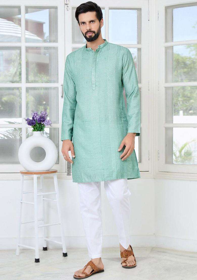 Blue Embroidered Silk Blend Kurta Set For Men - Indya