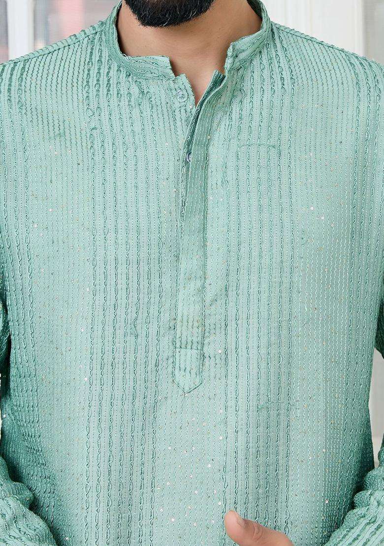 Blue Embroidered Silk Blend Kurta Set For Men - Indya