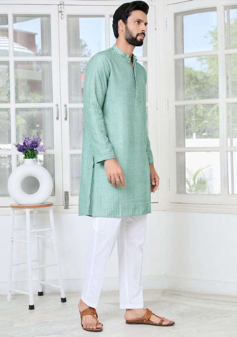 Blue Embroidered Silk Blend Kurta Set For Men - Indya