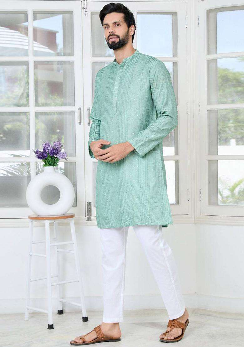 Blue Embroidered Silk Blend Kurta Set For Men - Indya