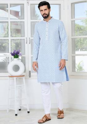 Blue Woven Design Viscose Kurta Set For Men
