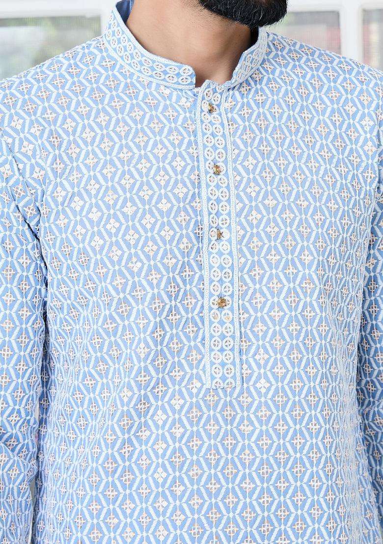 Blue Woven Design Viscose Kurta Set For Men - Indya