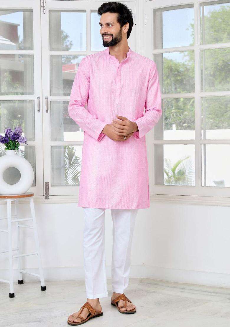Pink Embroidered Silk Blend Kurta Set For Men - Indya
