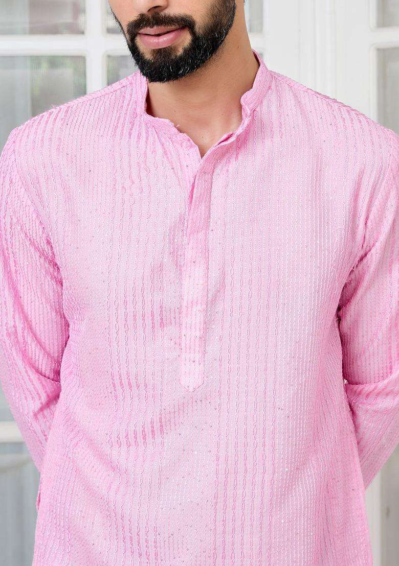 Pink Embroidered Silk Blend Kurta Set For Men - Indya
