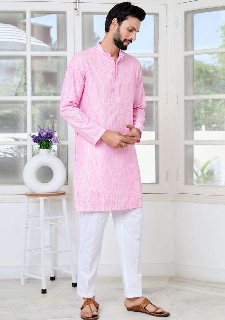 Pink Embroidered Silk Blend Kurta Set For Men - Indya