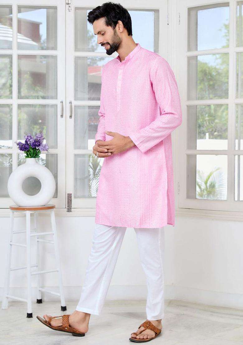 Pink Embroidered Silk Blend Kurta Set For Men - Indya