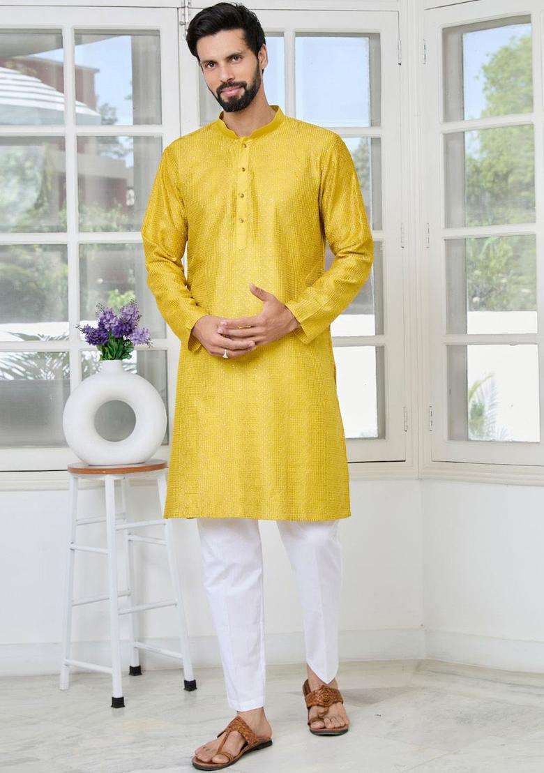 Yellow Woven Design Silk Blend Kurta Set For Men - Indya