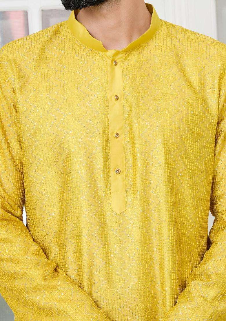 Yellow Woven Design Silk Blend Kurta Set For Men - Indya