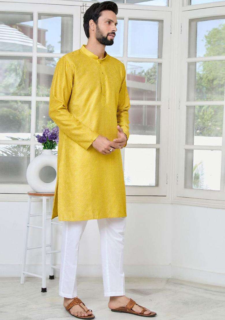 Yellow Woven Design Silk Blend Kurta Set For Men - Indya