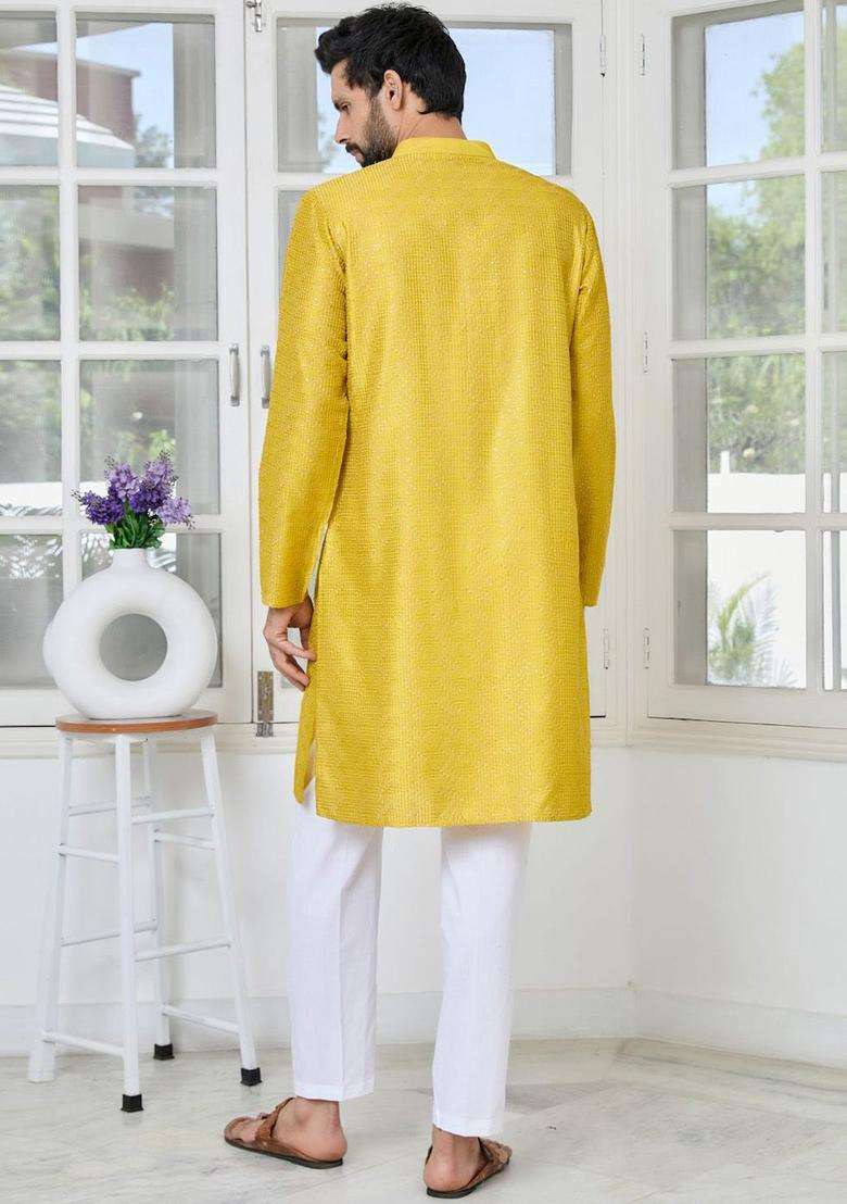 Yellow Woven Design Silk Blend Kurta Set For Men - Indya