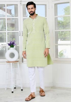 Green Printed Viscose Kurta Set For Men