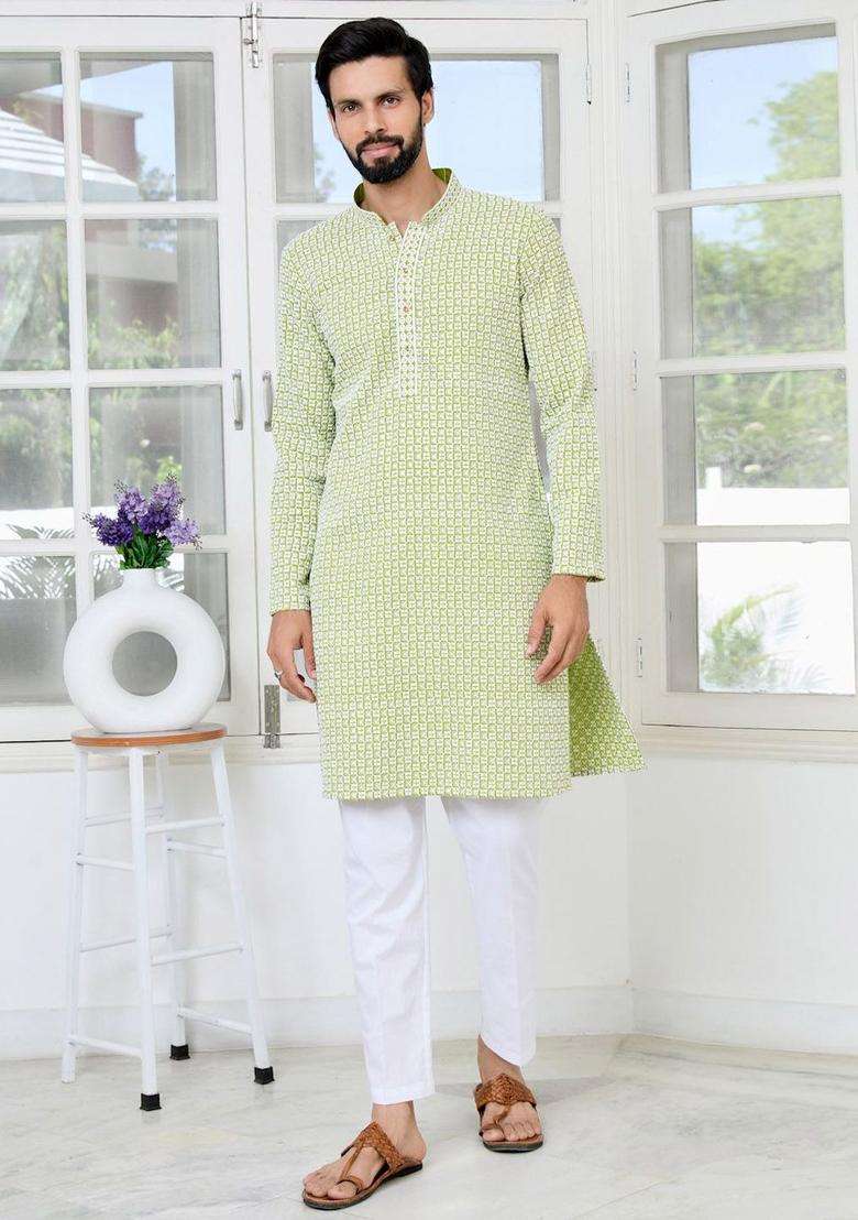 Green Printed Viscose Kurta Set For Men - Indya