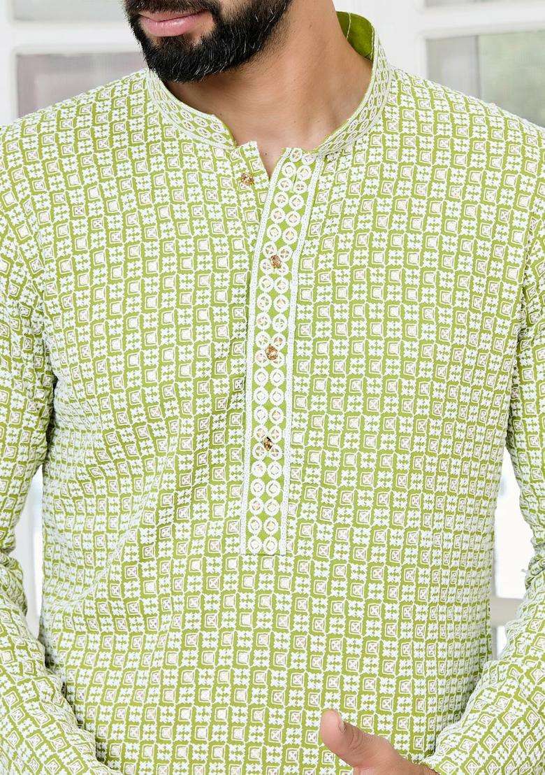 Green Printed Viscose Kurta Set For Men - Indya