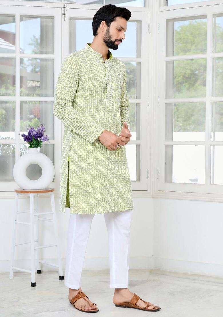Green Printed Viscose Kurta Set For Men - Indya