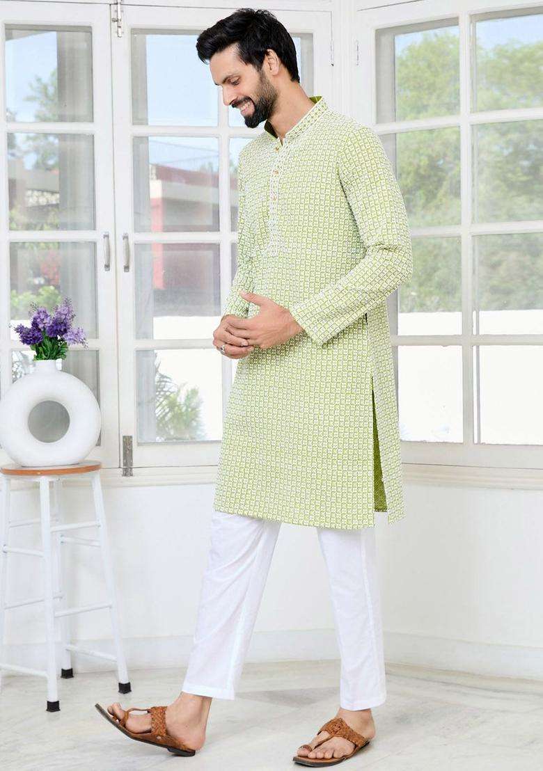 Green Printed Viscose Kurta Set For Men - Indya