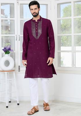 Purple Embroidered Viscose Kurta Set For Men