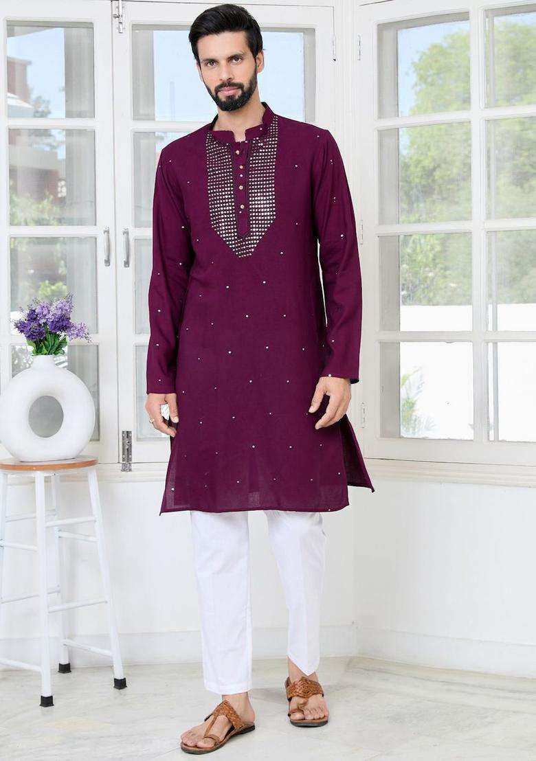 Purple Embroidered Viscose Kurta Set For Men - Indya
