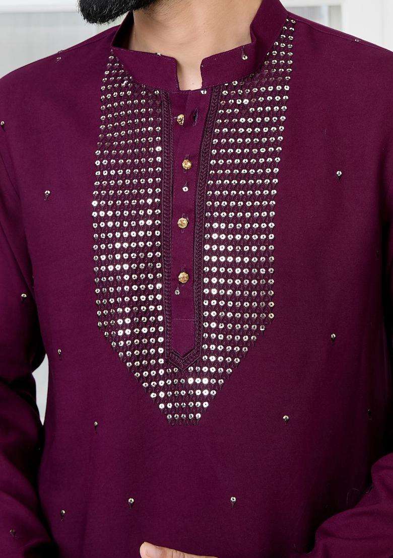 Purple Embroidered Viscose Kurta Set For Men - Indya