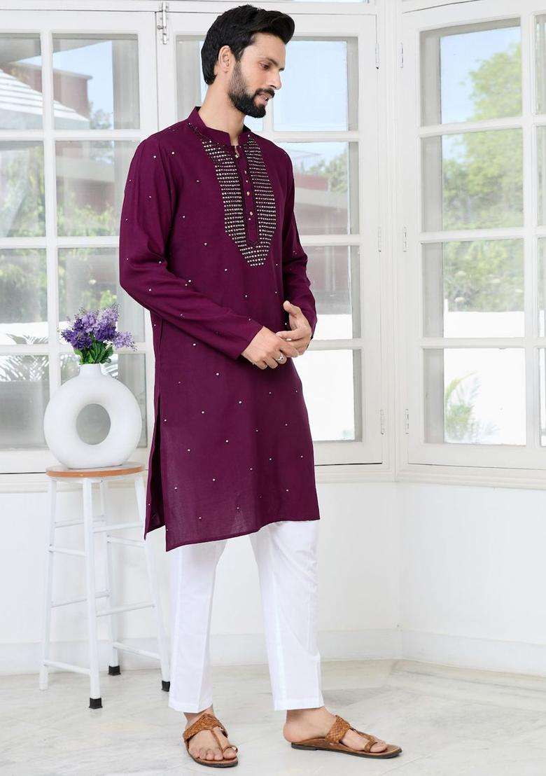 Purple Embroidered Viscose Kurta Set For Men - Indya