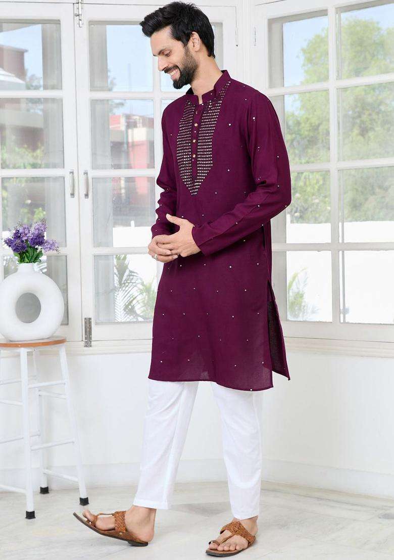 Purple Embroidered Viscose Kurta Set For Men - Indya