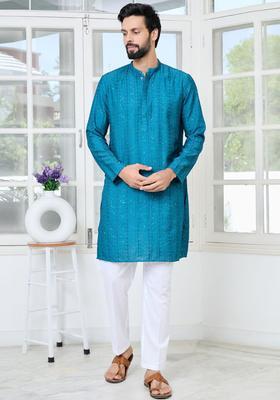 Blue Woven Design Silk Kurta Set For Men