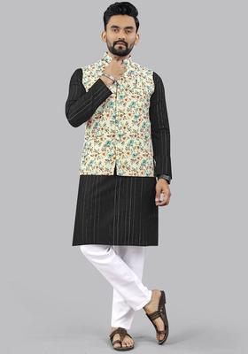Black Printed Cotton Kurta Set For Men