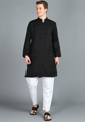 Black Self Design Cotton Kurta Set For Men