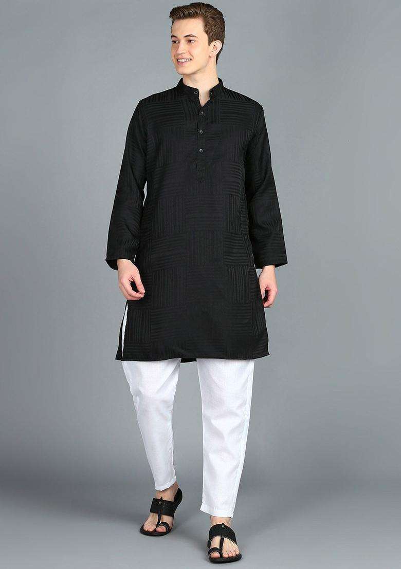 Black Self Design Cotton Kurta Set For Men - Indya