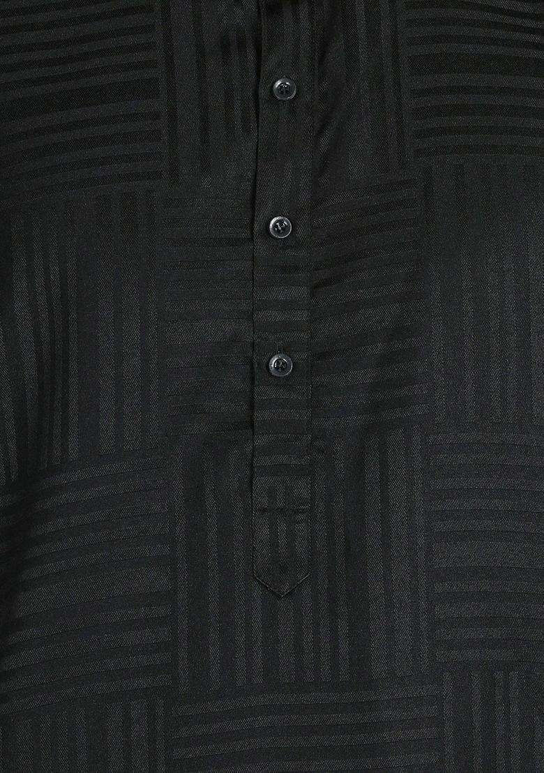 Black Self Design Cotton Kurta Set For Men - Indya