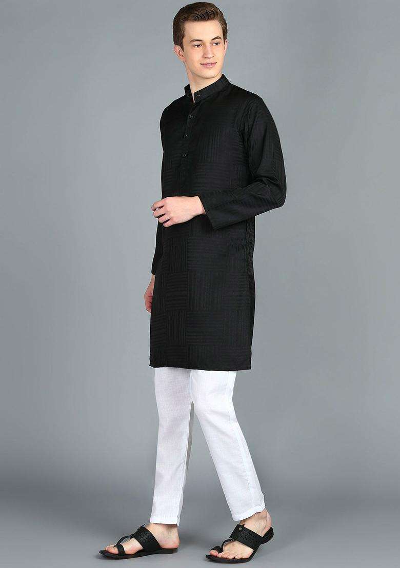 Black Self Design Cotton Kurta Set For Men - Indya
