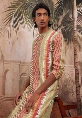 Olive Printed Cotton Kurta Set For Men
