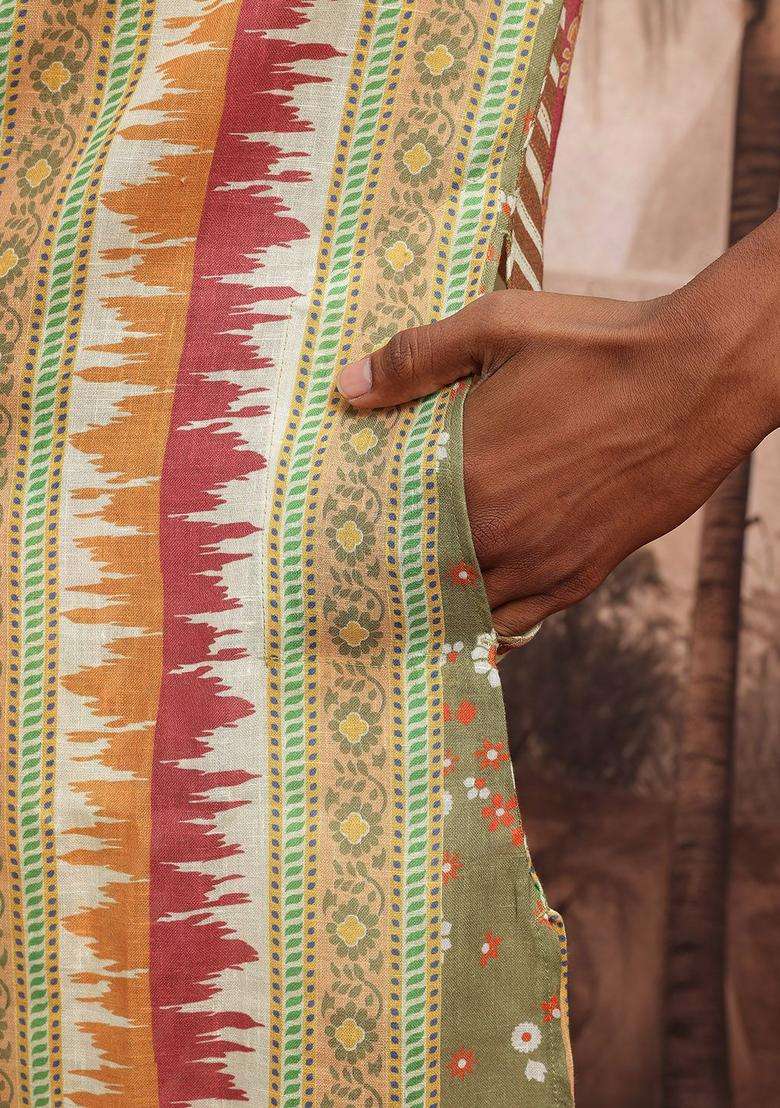 Olive Printed Cotton Kurta Set For Men - Indya