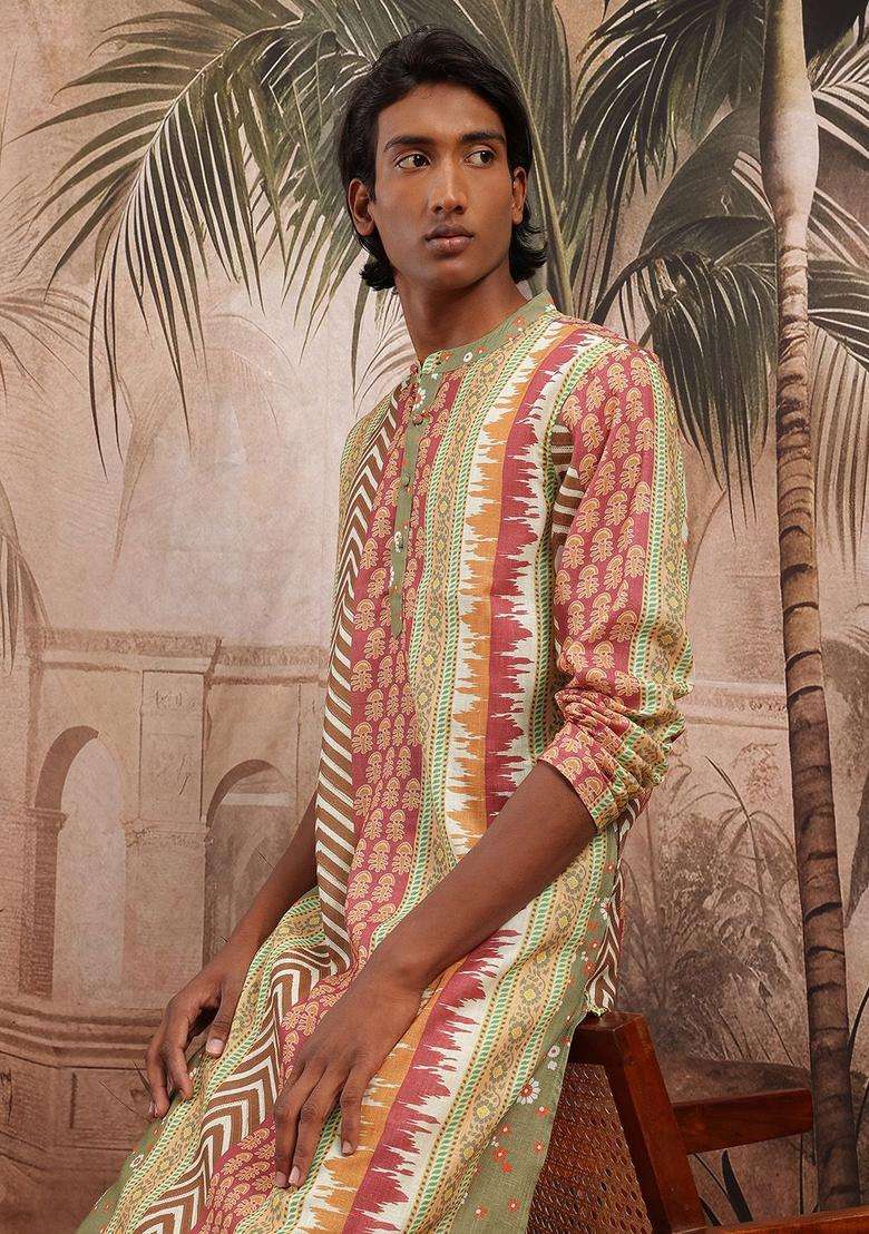 Olive Printed Cotton Kurta Set For Men - Indya