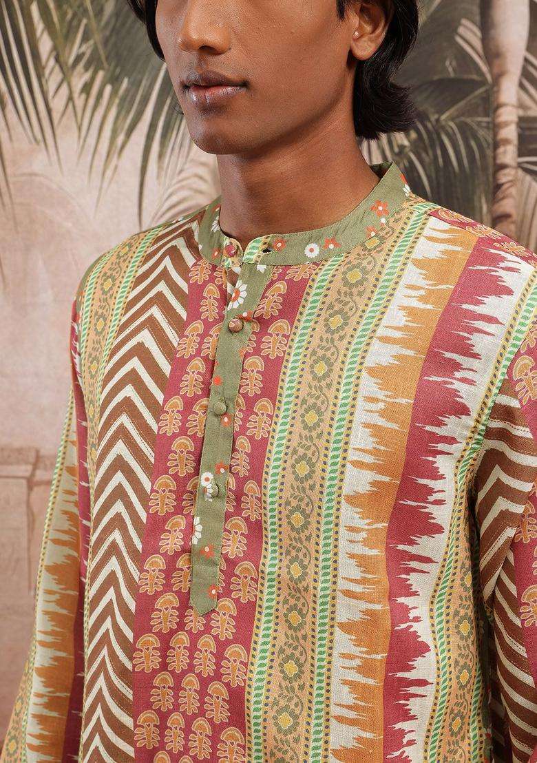 Olive Printed Cotton Kurta Set For Men - Indya