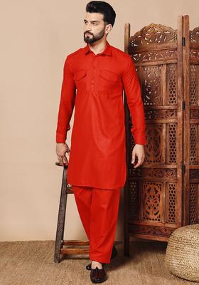 Red Solid Cotton Kurta Set For Men