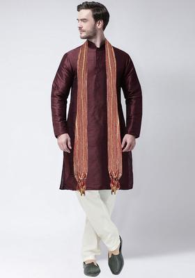 Purple Solid Silk Kurta Set For Men