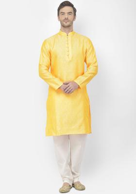 Yellow Woven Design Silk Kurta Set For Men