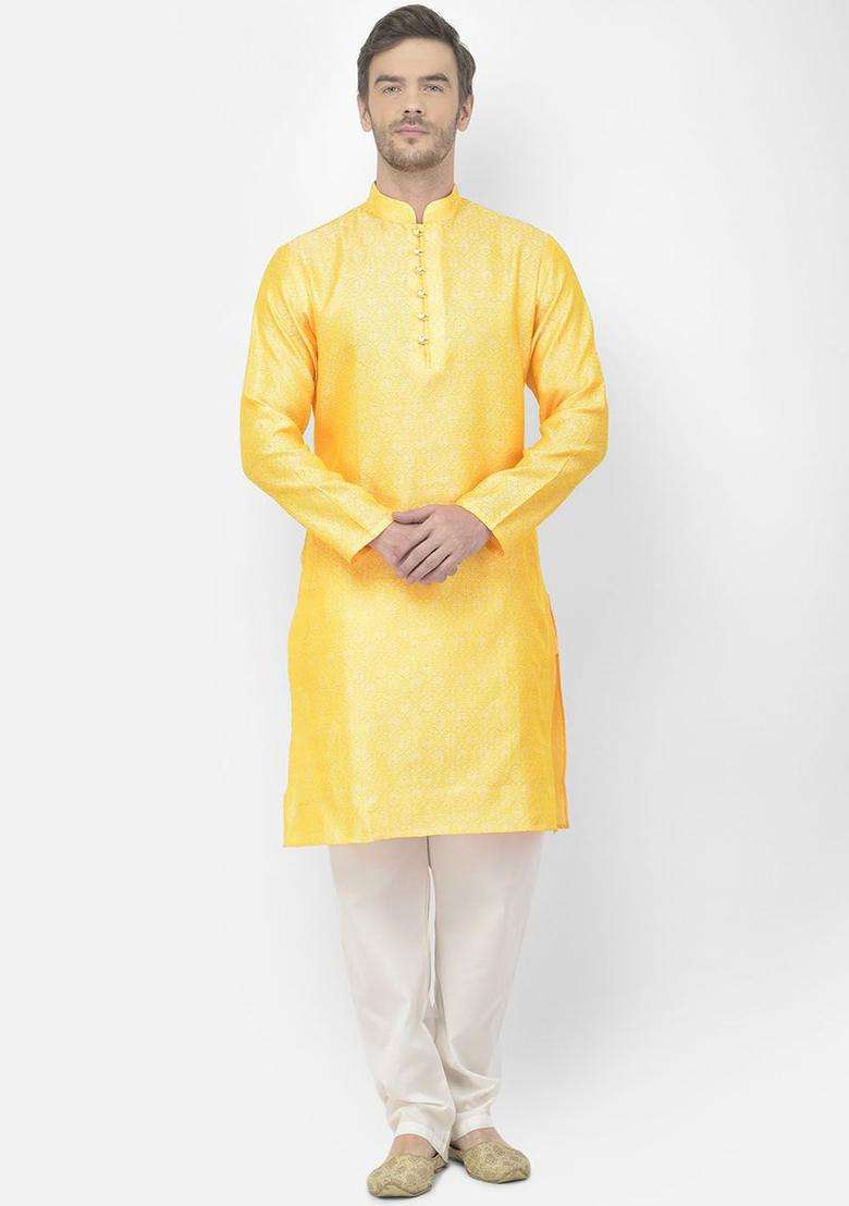 Yellow Woven Design Silk Blend Kurta Set For Men - Indya